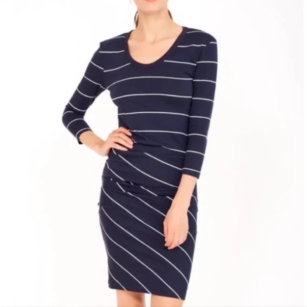 Anthropologie Sundry Navy Blue Striped Cotton Ruched 3/4 Sleeve Dress Size 0/XS